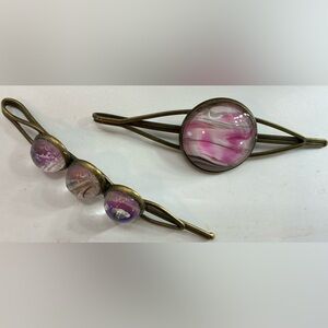 SET OF 2 PINK MARBLED STONE BRASS TONE HAIR PINS BARRETTES